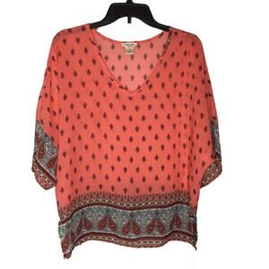 Golden State Women Sheer Blouse Top 3/4 Sleeve V-Neck Floral Multi-color MEDIUM